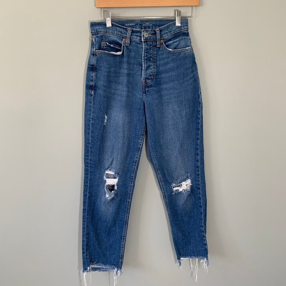 Old Navy Curvy Sky-Hi Straight Distressed High Rise Button Fly Jeans Blue Size 6